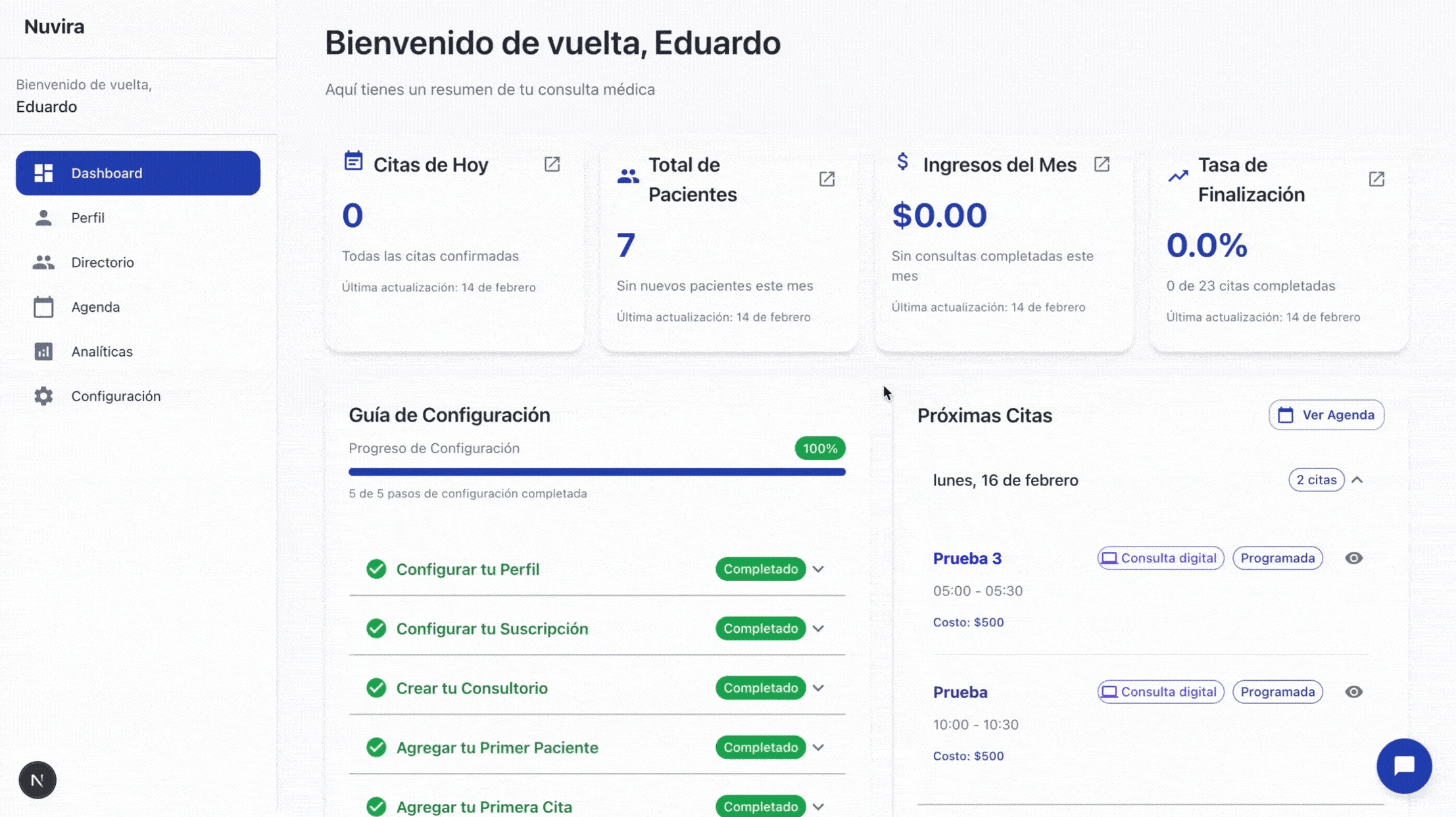 Dashboard y agenda en Nuvira